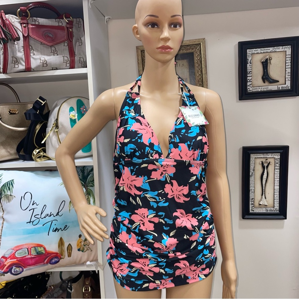 Hello Summer! NWT! Black/Pink Floral Print Tankini Size L